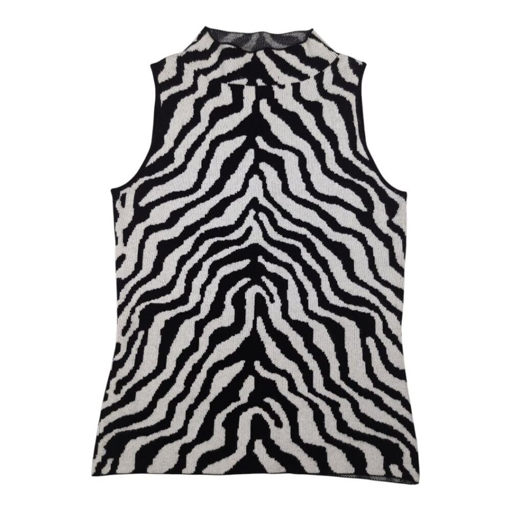 T Tahari Zebra Print Sleeveless Sweater Mock Neck Top Edgy Mob Wife